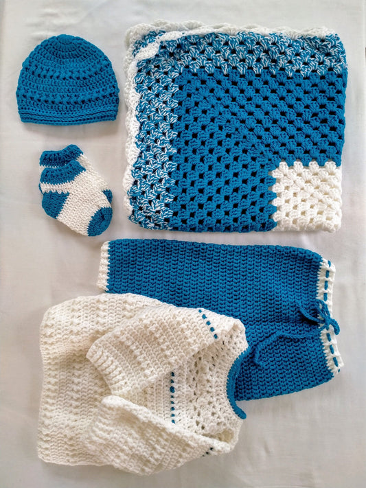 Handmade Baby Set - Sapphire Blue+White