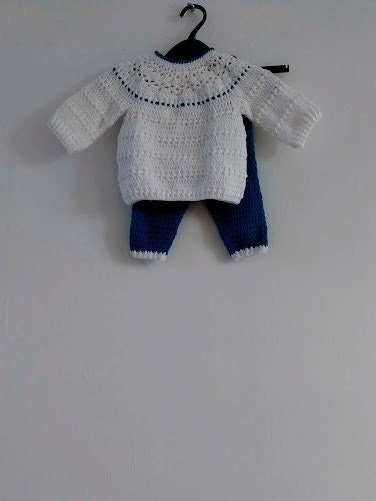 Handmade Baby Set - Sapphire Blue+White
